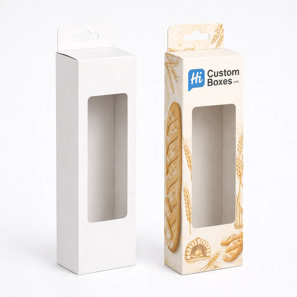 Vertical white hanging baguette boxes with a die-cut window and a convenient top tab hanger. class=